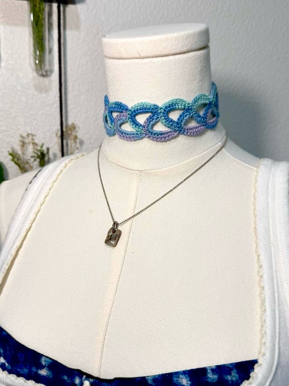 Handmade Blue & Purple Crochet Chain Choker Necklace
